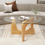 COSTWAY Table Basse Verre, Table Transparente Triangle, Plateau en Verre Trempé, Base en Bois de Caoutchouc Réglable, pour Salon