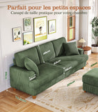Kidirect Canapé Confortable en Velours côtelé de 221CM, 53 cm Siège Extra Profond, Montage sans Outils, Grand canapé 3 Places avec 2 Coussins, Canapé Moderne pour Chambre à Coucher, Vert forêt