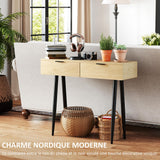 HOMCOM Console Meuble, Table Console, Console entrée Style Nordique, Table d'entrée étroite avec 2 tiroirs et Pieds en Acier, Bout de canapé, pour Salon, entrée, Couloir, chêne