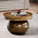 FineBuy Table basse, 50 x 50 x 30,5 cm, en bois massif de mangue, couleur noyer, ronde, design bas, moderne, avec grain de bois naturel