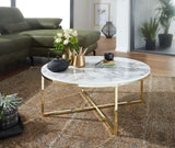 FineBuy Table Basse de Salon Effet Marbré 80x36x80 cm MDF et Metal | Grande Table de Canapé Ronde Blanc Or | Design Table d'appoint Moderne
