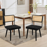 Lot de 2 Chaise Salle à Manger Art Deco,Chaise de cuisine avec velours Siège rembourrés,Pieds en bois,Dossier Rattan,Chaise à manger sans accoudoirs pour Salle à Manger,Cuisine,Salon(85x53x49cm,Noir)