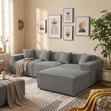 Yeecle Canapé d'angle modulaire 3 places avec ottoman, aspect velours côtelé beige, mousse haute densité, 277 x 165,5 cm, emballé sous vide, pas de montage (gris)