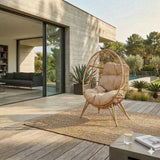 Fauteuil Œuf sur Pied avec Coussin Moelleux Beige - Design Jane en Résine Tressée Aspect Rotin - Hamac Suspendu Stable pour Balcon, Jardin ou Salon - Structure Acier Robuste, Résistant aux Intempéries