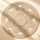 Craft Trade Naturel Bohème Rond Fleur Tapis en Jute Réversible Tressé Tapis de Jute Lavable Tissé à la Main Décor pour Cuisine Salon et Chambre - 150 cm