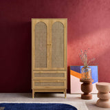 sweeek - Dressing penderie Judith 2 Portes 2 tiroirs cannage. poignées et Pieds Finition dorée. 80 x 50 x 180 cm