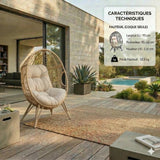 Fauteuil Œuf sur Pied avec Coussin Moelleux Beige - Design Jane en Résine Tressée Aspect Rotin - Hamac Suspendu Stable pour Balcon, Jardin ou Salon - Structure Acier Robuste, Résistant aux Intempéries