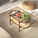 LIFEZEAL Table Basse Ovale en Verre et en Bois d'Acacia, Table de Salon à 2 Niveaux, Meuble de Salon avec Rotin pour Salon, Chambre, Bureau, 102 x 46 x 47 cm