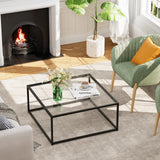 Table Basse Carrée en Verre Noir - Table d'Appoint Pour Salon, Bureau - Structure en Métal - 67 x 67 x 40 cm
