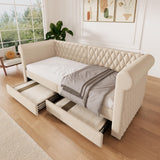 YESGIGA Tête de lit vintage capitonnée 90 x 200 cm, canapé-lit, lit de jour avec 2 tiroirs de rangement, lit pour enfant, adolescent avec sommier à lattes en bois (beige)
