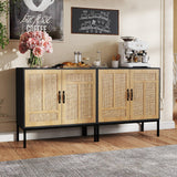 GOPLUS Armoire de Rangement, Buffet avec 2 Portes en Rotin Naturel, Étagère Réglable en 3 Positions, Pieds Métalliques, Kits Antibasculement, Meuble Autonome pour Cuisine, Salle à Manger (Noir)