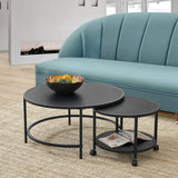 [en.casa] Lot de 2 Tables Basses Rondes Ensemble de Meubles de Salon Gigognes roulettes Espace de Rangement Panneau de Particules Mélaminé Acier Laqué Noir Mat