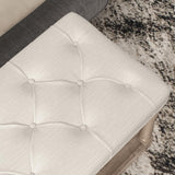 HOMCOM Banquette, Banc à Chaussures capitonnée, Bout de lit, 115 cm, 2 Niveaux étagère, Style Classique, piètement en Bois sculpté, rembourrée en Lin, Beige
