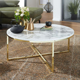 FineBuy Table Basse de Salon Effet Marbré 80x36x80 cm MDF et Metal | Grande Table de Canapé Ronde Blanc Or | Design Table d'appoint Moderne