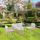 Outsunny Ensemble salon de Jardin 4 pièces canapé 2 Places + 2 fauteuils + 1 Table Basse Plateau Verre trempé 8 Coussins - métal et résine tressée - Beige
