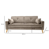 Meubletmoi Canapé Droit 3 Places en Velours Taupe avec accoudoirs 2 Coussins Pieds inclinés Bois - Design Classique Chic - Vlad