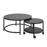 MEUBLE COSY Lot de 2 Tables Basses Gigognes Ronde avec roulettes Bout de Canapé en Bois et Cadre en Métal, Noir, 80x80x40/50x50x36cm