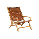Tousmesmeubles Fauteuil Teck/Cuir tressé Cognac avec Coussin - Essaouira - L 66 x l 97 x H 90 - Neuf