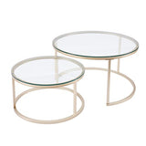 Huuryoudo Lot de 2 Tables Basses en Verre doré avec Structure en métal - Table d'appoint Ronde pour Balcon, canapé, Table avec Petite Table de Salon, Plateau en Verre doré