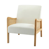Chaise d'appoint moderne du milieu du siècle chaises rembourrées en velours avec tricot en bambou fauteuil confortable en tissu de lin avec accoudoirs en rotin pour salon,Blanc