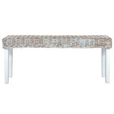 Doneioe Banc 110 cm Banc de lit Banquette rembourrée Bancs de Cuisine Bancs de Table à Manger pour Une Utilisation en intérieur Blanc Rotin Kubu Naturel et Bois de manguier Massif