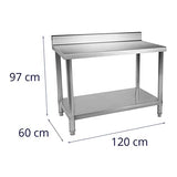 Royal Catering Table De Travail Adossée Cuisine Professionnel Préparation Confection Boucher Avec Tablette RCAT-120/60-N (120x60cm, Capacité 110 kg, Plan 80 kg + Étagère 30 kg, Dosseret 11 cm, Inox)