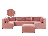 Beliani - Canapé Panoramique Modulable - Lemvig - 6 Modules et Pouf Ottoman, en Velours Côtelé, Rose