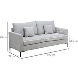 HOMCOM Canapé 3 Places Grand Confort - Rembourrage épais en Mousse Haute densité 25D - 2 Coussins - Piètement en métal Noir Tissu Aspect Lin Gris Clair