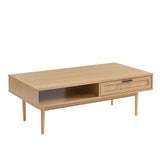 BAÏTA Table Basse Amana Effet chêne et cannage en rotin 2 tiroirs