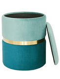 Suhu Pouf Tabouret Velours Coiffeuse de Rangement Repose Pied Rond de Salon Design Chaise Moderne Siège Vintage Deco en Métal Gold Bleuvert