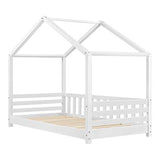[en.casa] Lit d'enfant Design Forme Maison avec Barrière de Protection Anti-Chutes Lit Cabane avec Sommier à Lattes Construction Robuste Bois de Pin 160 x 80 cm Blanc Mat Laqué