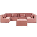 Beliani Canapé Paoramique Modulable 6 Places avec Pouf Ottoman en Velours Côtelé Rose Look Tendance et Matières de Qualité pour Salon Moderne