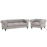 Beliani - Ensemble Canapé et Fauteuil - Chesterfield - 3 Places, en Tissu et Bois de Chêne, Gris Clair