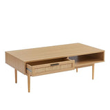 BAÏTA Table Basse Amana Effet chêne et cannage en rotin 2 tiroirs