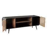 Meuble TV 2 Portes 2 niches Métal/Bois/Cannage - Piero - L 150 x l 39 x H 55 - Neuf