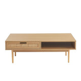 BAÏTA Table Basse Amana Effet chêne et cannage en rotin 2 tiroirs