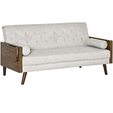 Canapé Convertible 3 Places Design scandinave Dossier inclinable 3 Positions Tablette Rabattable 2 Coussins Inclus Pieds effilés Bois Eucalyptus fumé Tissu Coton Polyester Aspect Lin Beige