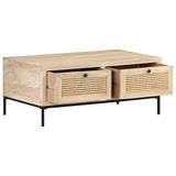 Keyur Table Basse, Table d'Appoint Table d'Appoint Table de Cocktail Table de Centre Table de Canapé Table à Thé Table Basse 90x50x37 cm Bois de Manguier Massif et Cannage Naturel