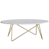FirFurd Table Basse de Salon Effet Marbré Ovale Table de Canapé Table a Café Bas en Bois et Métal Piédestal Table d'Appoint Nordique Scandinave 120x60x41cm