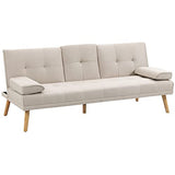 HOMCOM Canapé Convertible 3 Places Design scandinave Inclinaison Dossier réglable 3 Niveaux Dossier Centrale Rabattable 2 Porte-Verres Bois Massif Lin Beige