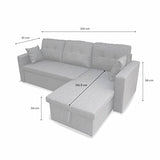 Alice's Home - Canapé d'angle Convertible en Tissu Gris Clair - IDA - 3 Places. Fauteuil d'angle réversible Coffre Rangement lit modulable. 2 Coussins Inclus.
