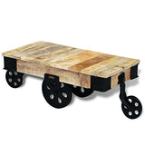 vidaXL Table Basse avec Roues de Salon Bois de manguier Brut Meuble de Rangement