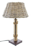 Lampe de table en bois flotté, abat-jour en osier cérusé gris, pied en métal laqué brun foncé