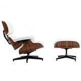 Chaise longue mi-siècle et pouf - Version plus grande - En cuir de fleur - Chaise moderne moderne - En bois massif - Mise à niveau 1 - Noyer crème