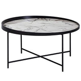 FineBuy Table Basse Rond 76 x 39 x 76 cm Apparence De Marbre Blanc | Table d'appoint Conception Moderne | Table De Sofa Jambes Métalliques Noir | Table De Salon Brillant Acier Laqué Bois Tulip