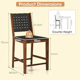 RELAX4LIFE Lot de 2 Tabouret de Bar en Bois Massif, Chaise de Salle à Manger avec Tissage en Cuir PU, Chaise Haute Cuisine avec Repose-Pieds, Assise 61 CM, Charge 150 KG pour Salon Bar