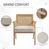 HOMCOM Fauteuil Lounge Chaise en Rotin avec Coussin - Dossier en cannage - Assise Profonde - accoudoirs - Structure Bois hévéa - Aspect Lin Beige