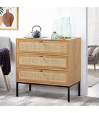 Casâme Commode 3 Tiroirs avec Façade Rotin - Meuble de Rangement pour Chambre ou Salon - Style Industriel - Décor Chêne et Piétement Métal Noir - 80 x 39 x H 79 cm