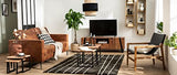 Canapé Vintage 3 Places Cuir Marron Cognac Aspect Vieilli et métal Noir Sonny