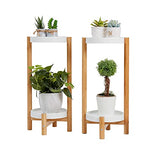 unho Porte Plante en Bambou, Etagère Plantes à 2 Niveaux Cache Pot sur Pied Plante Intérieur Lot de 2 Support Plantes Extérieur pour Salon Balcon Jardin Bureau, Blanc Charge Maximale 10kg*2